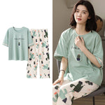 Sleepwear Cartoon Cotton Pajamas for Women Long Pants Short Sleeved Summer Homewear