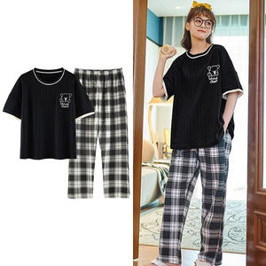 Sleepwear Cartoon Cotton Pajamas for Women Long Pants Short Sleeved Summer Homewear