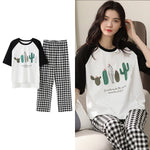 Sleepwear Cartoon Cotton Pajamas for Women Long Pants Short Sleeved Summer Homewear