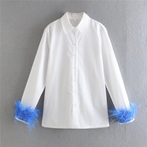 White Shirt Woman Long Sleeve Green Feather Top Party Elegant Female Blouses