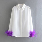 White Shirt Woman Long Sleeve Green Feather Top Party Elegant Female Blouses