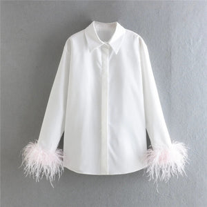 White Shirt Woman Long Sleeve Green Feather Top Party Elegant Female Blouses