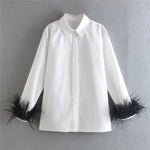 White Shirt Woman Long Sleeve Green Feather Top Party Elegant Female Blouses