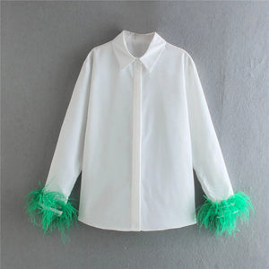 White Shirt Woman Long Sleeve Green Feather Top Party Elegant Female Blouses