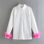 White Shirt Woman Long Sleeve Green Feather Top Party Elegant Female Blouses