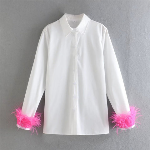 White Shirt Woman Long Sleeve Green Feather Top Party Elegant Female Blouses