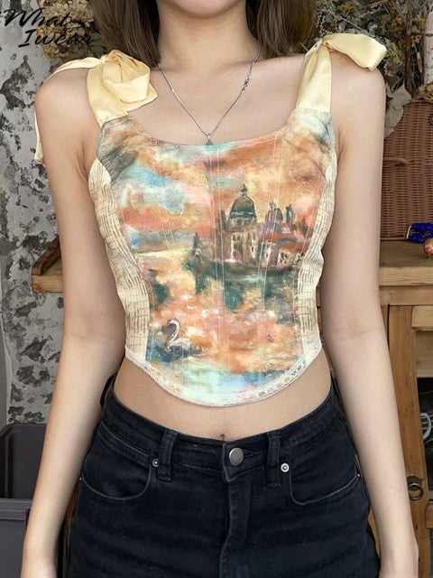 Vintage Aesthetic Printed Lace Up Camisole Women Bow Hollow Tank Top Skinny Party Streetwear Summer