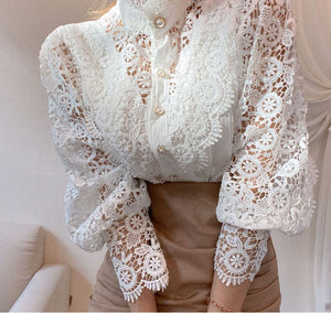 Petal Sleeve Stand Collar  Flower Lace Patchwork Shirt Femme Blusas White Top