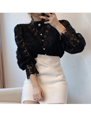 Petal Sleeve Stand Collar  Flower Lace Patchwork Shirt Femme Blusas White Top