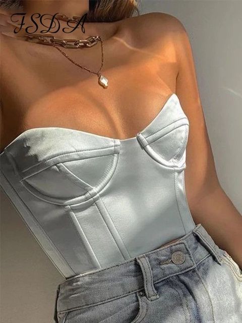 Satin Corset Crop Top Strapless Green Summer Sexy Tube Off Shoulder Party Sleeveless Bustier Tank Tops