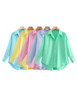 Women Fashion Loose Asymmetry Poplin Blouses Vintage Long Sleeve Button-up Female Shirts