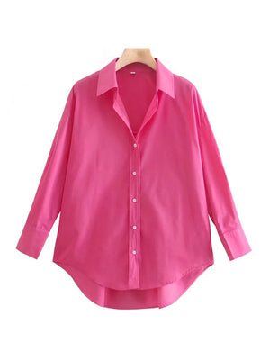 Women Fashion Loose Asymmetry Poplin Blouses Vintage Long Sleeve Button-up Female Shirts