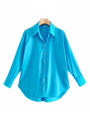 Women Fashion Loose Asymmetry Poplin Blouses Vintage Long Sleeve Button-up Female Shirts