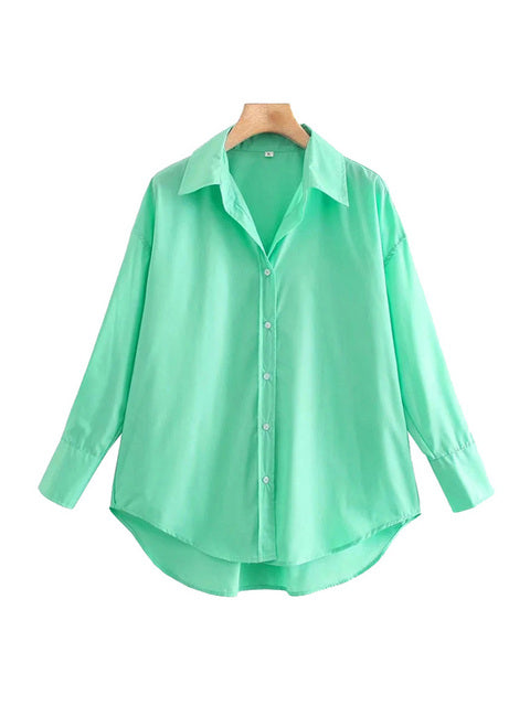 Women Fashion Loose Asymmetry Poplin Blouses Vintage Long Sleeve Button-up Female Shirts