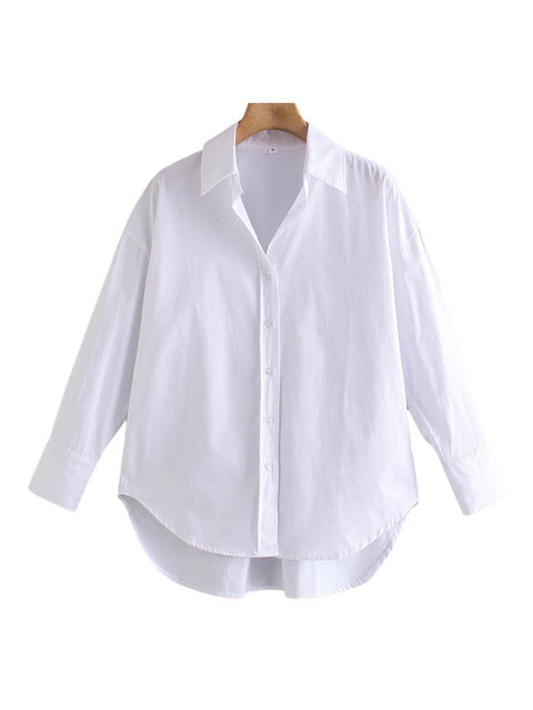 Women Fashion Loose Asymmetry Poplin Blouses Vintage Long Sleeve Button-up Female Shirts