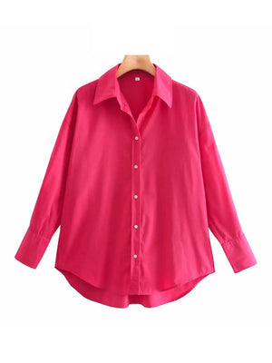 Women Fashion Loose Asymmetry Poplin Blouses Vintage Long Sleeve Button-up Female Shirts