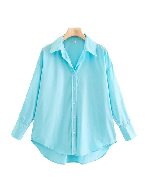 Women Fashion Loose Asymmetry Poplin Blouses Vintage Long Sleeve Button-up Female Shirts