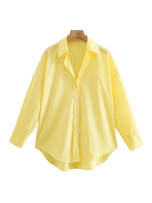 Women Fashion Loose Asymmetry Poplin Blouses Vintage Long Sleeve Button-up Female Shirts