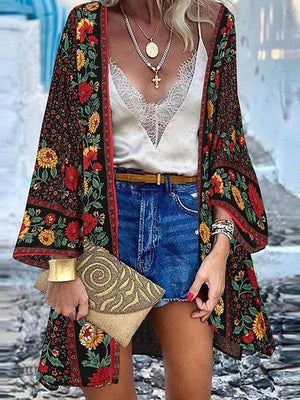 Women Summer Open Front Blouse Casual Loose Beach Tops Vintage Long Sleeve Blusas