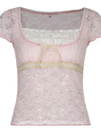 Pink Top Bow Cute Sweet T Shirt Women Retro Short Sleeve Lace Summer Tee Prepply Korean Tshirt