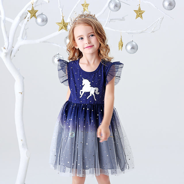 New Summer Princess Dresses Flying Sleeve Kids Dress Unicorn Party Girls Dresses