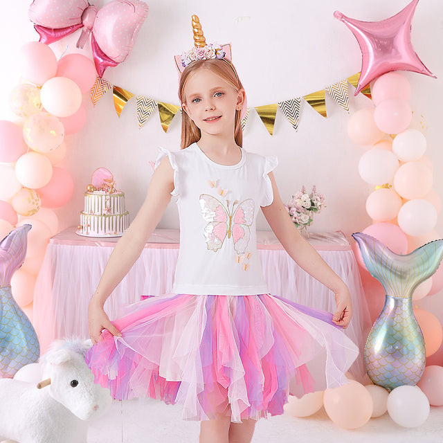 New Summer Princess Dresses Flying Sleeve Kids Dress Unicorn Party Girls Dresses