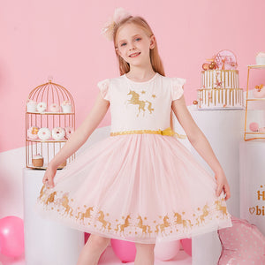 New Summer Princess Dresses Flying Sleeve Kids Dress Unicorn Party Girls Dresses