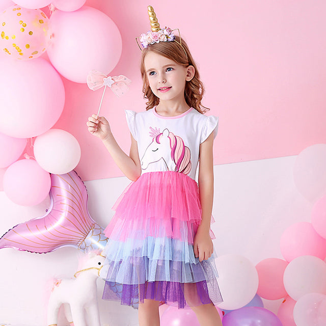 New Summer Princess Dresses Flying Sleeve Kids Dress Unicorn Party Girls Dresses