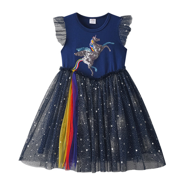 New Summer Princess Dresses Flying Sleeve Kids Dress Unicorn Party Girls Dresses