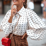 Women White Shirts Summer Polka Dot Elegant Blouses Button Lantern Sleeve Tops