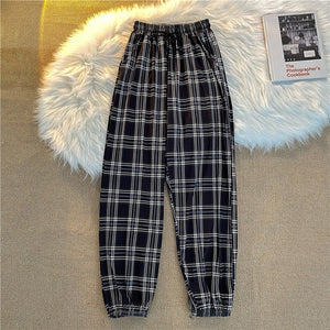 Pants Women Fashion Loose Black Plaid Summer Streetwear  Long Trousers