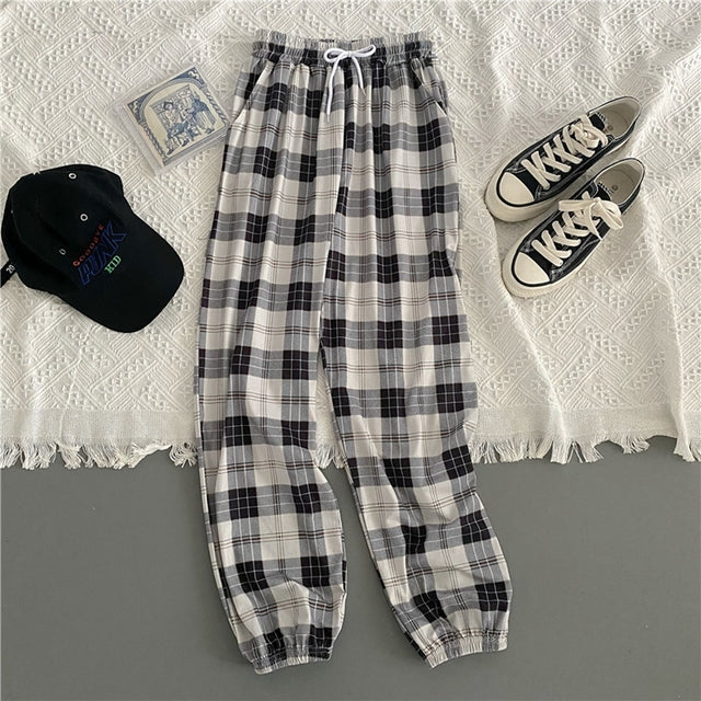 Pants Women Fashion Loose Black Plaid Summer Streetwear  Long Trousers