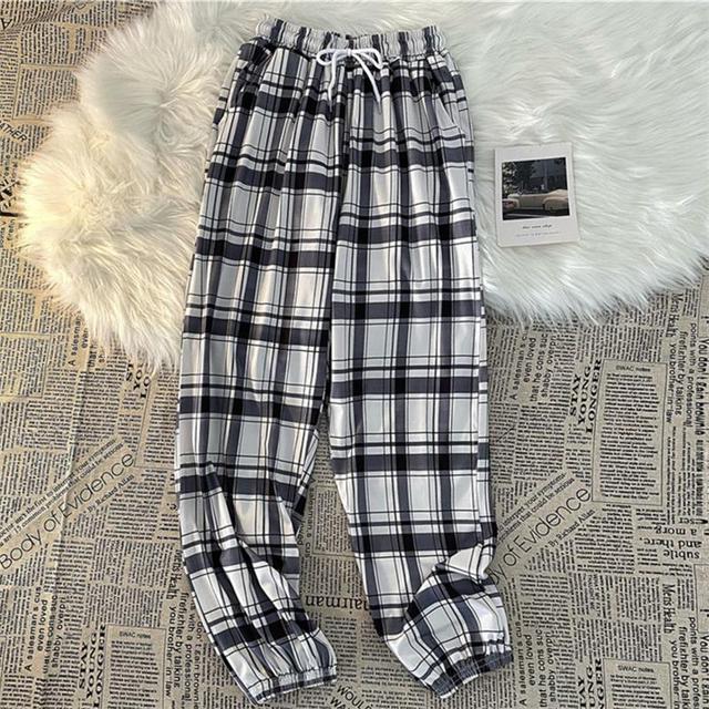 Pants Women Fashion Loose Black Plaid Summer Streetwear  Long Trousers