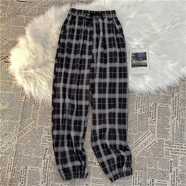 Pants Women Fashion Loose Black Plaid Summer Streetwear  Long Trousers