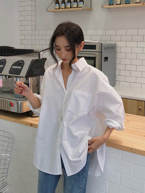 Women Shirts White Plain Loose Blouses Female Tops Loose Style