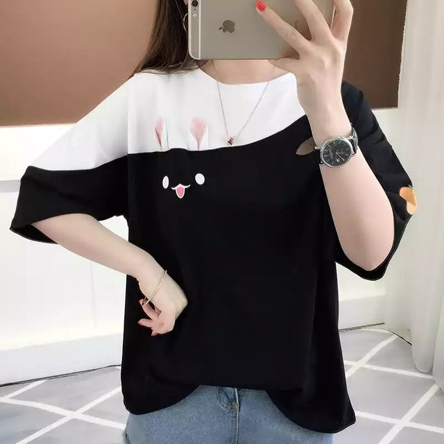 Women Cute Tops T Shirt Clothes Girl White Pink Loose O-neck Fashion Tshirt Summer